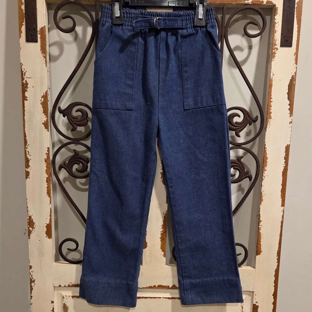 Vintage JCPenney Kids Blue Denim Elastic Waist Belted Patch Pocket Pants Size 6
